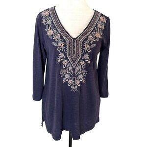 J. Jill Embroidered Navy Cotton Tencel Modal 3/4 Sleeve Tunic Top Size XS